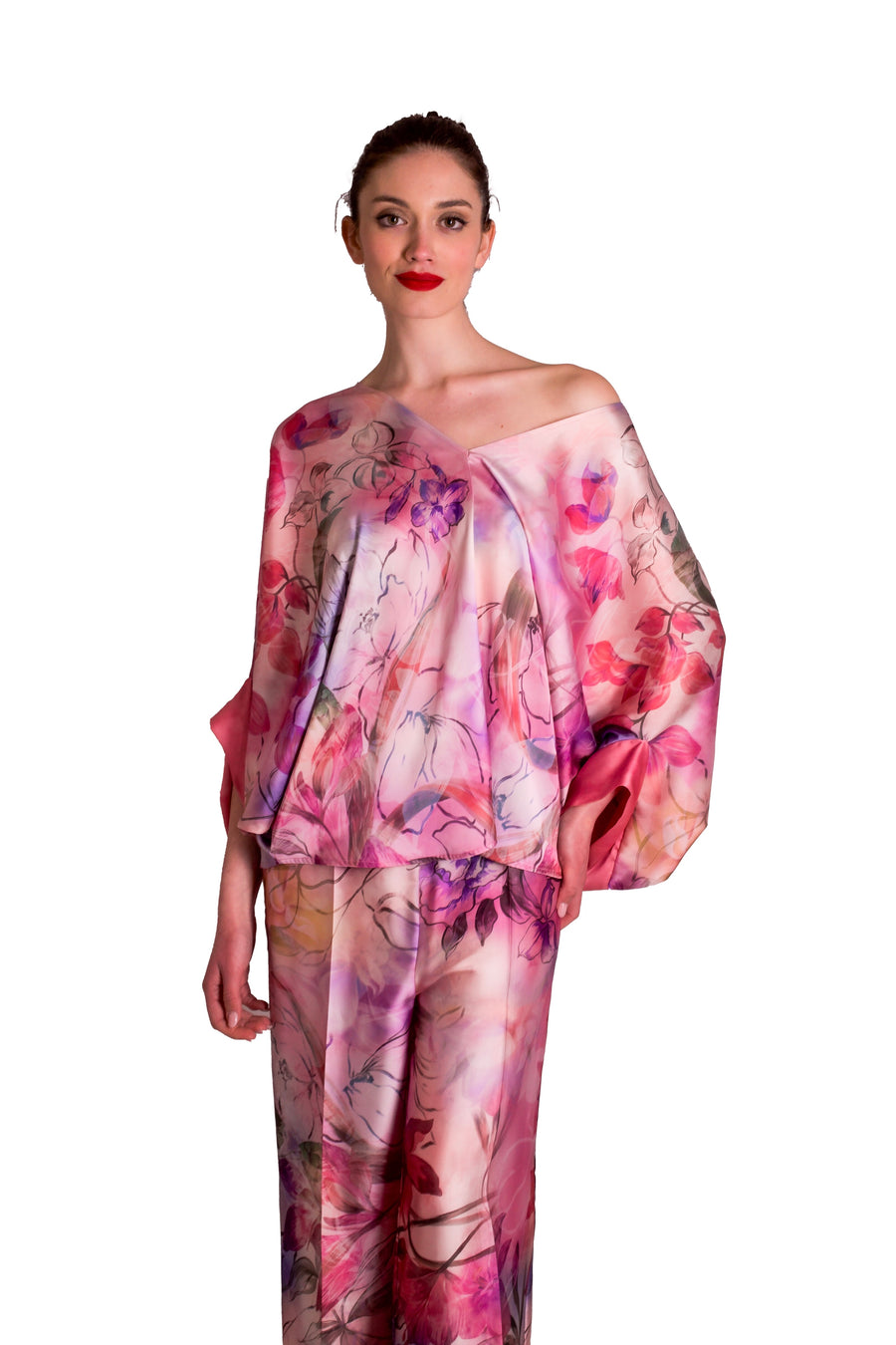 Blusa con maniche a kimono in raso floreale MADDALENA DI LORENZO