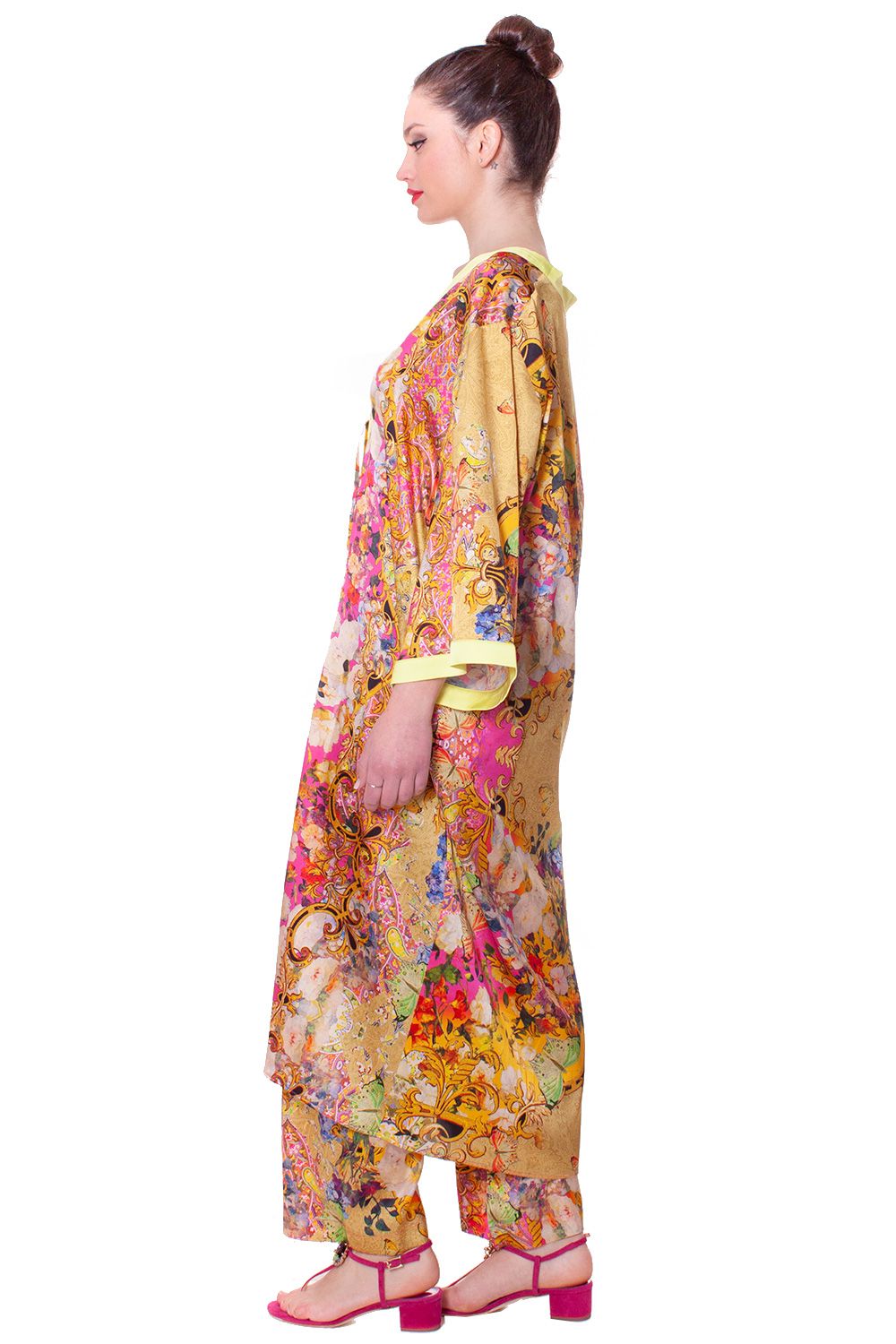 Abito kimono in raso di seta multicolor ANTONELLA BRAVI