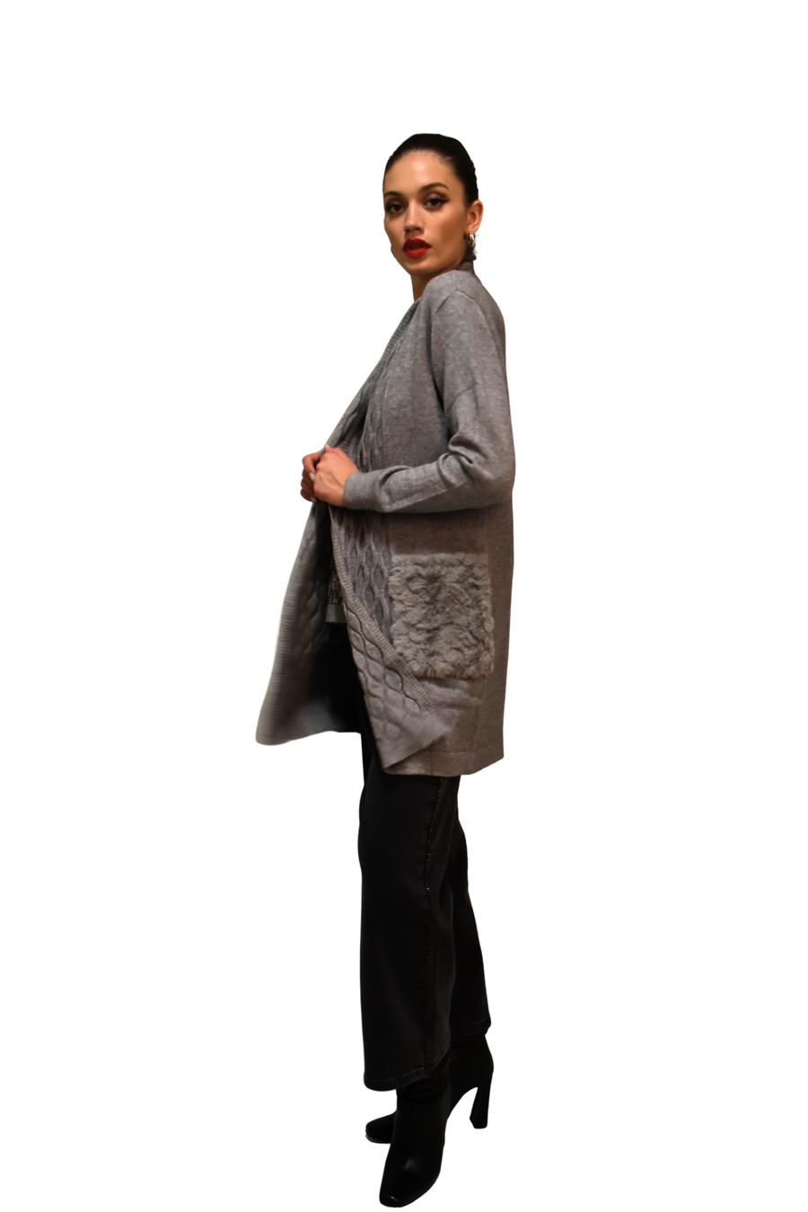 Cardigan lungo in maglia con tasche in ecofur Z.O.E.