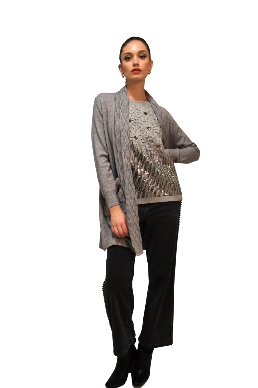 Cardigan lungo in maglia con tasche in ecofur Z.O.E.