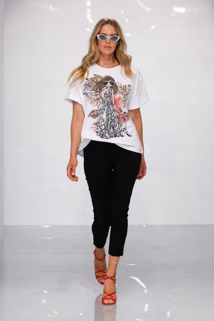 T-shirt di cotone stampa donna nella giungla con applicazioni LAFTY LIE