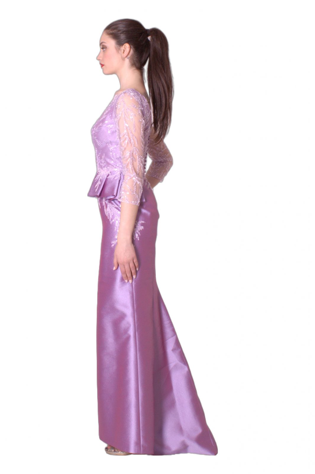 Abito lungo in mikado piquet con tulle ricamato MANUEL GARCIA