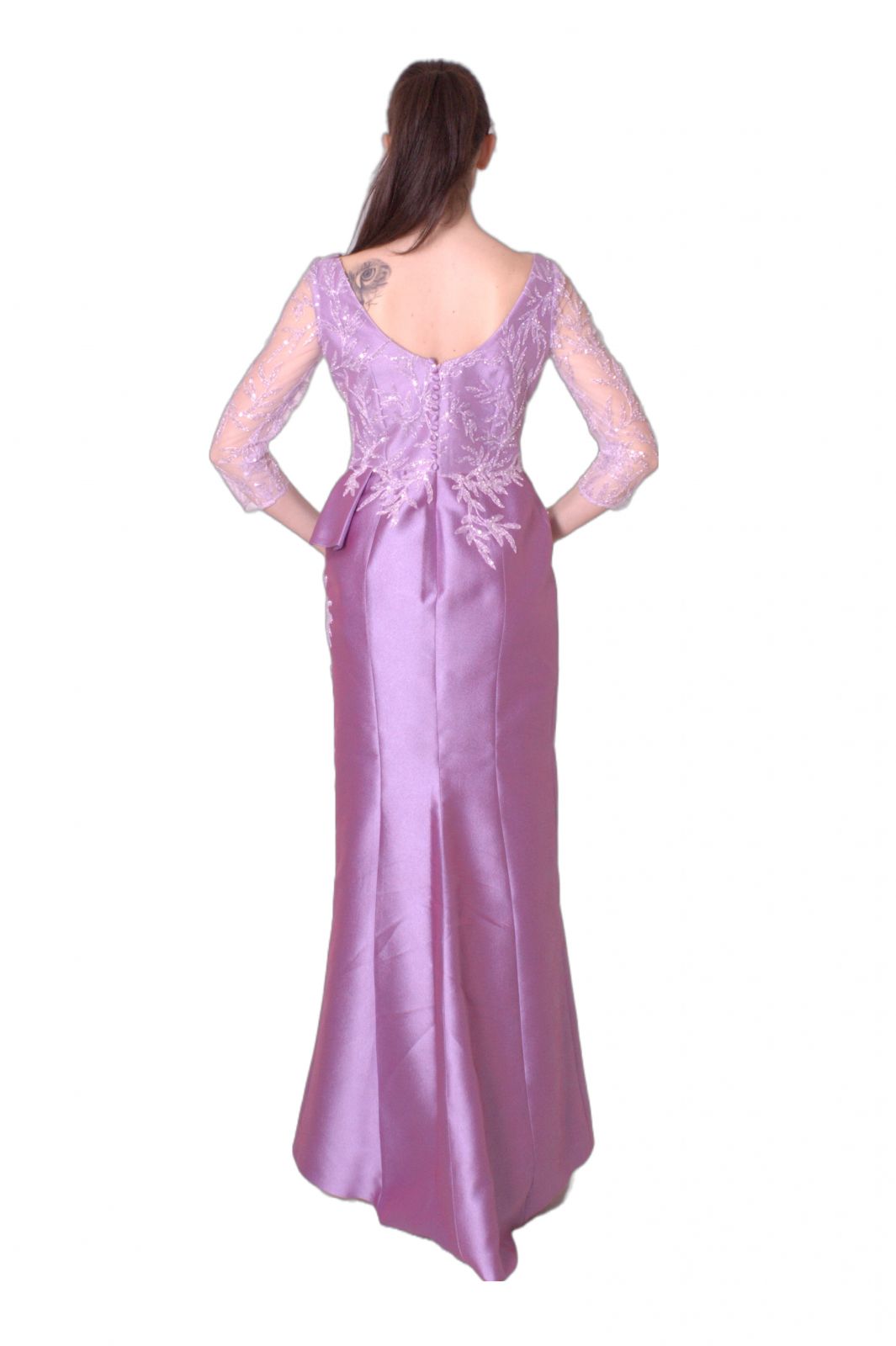 Abito lungo in mikado piquet con tulle ricamato MANUEL GARCIA