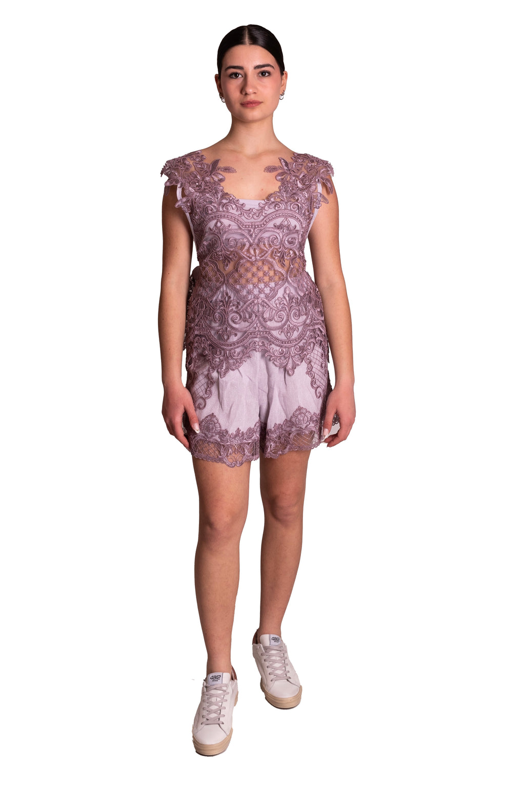 Top in pizzo con nastri di lino MAURIZIO