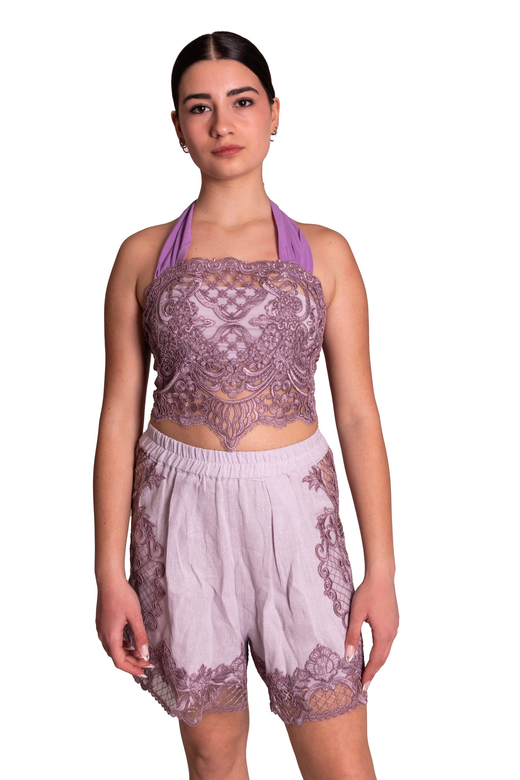 Shorts misto lino con inserti di pizzo MAURIZIO