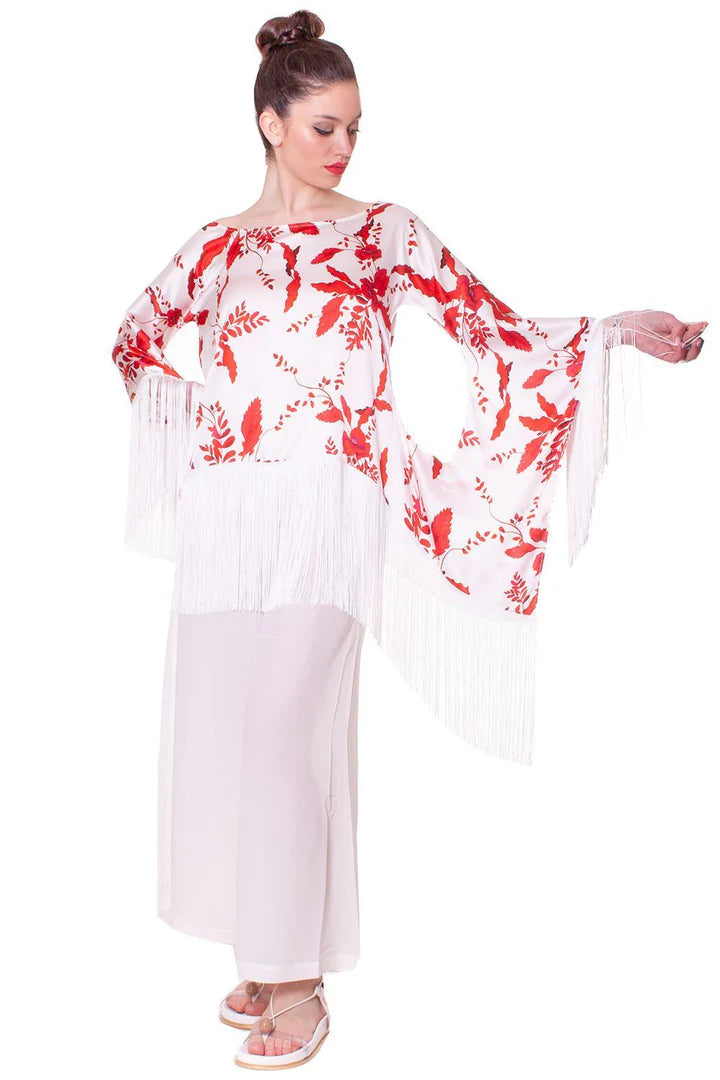Blusa In Satin stampa peonie con frange ANTONELLA BRAVI