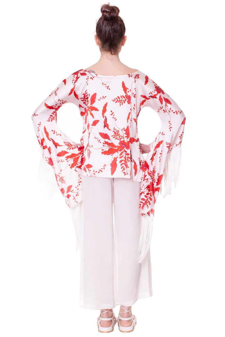 Blusa In Satin stampa peonie con frange ANTONELLA BRAVI