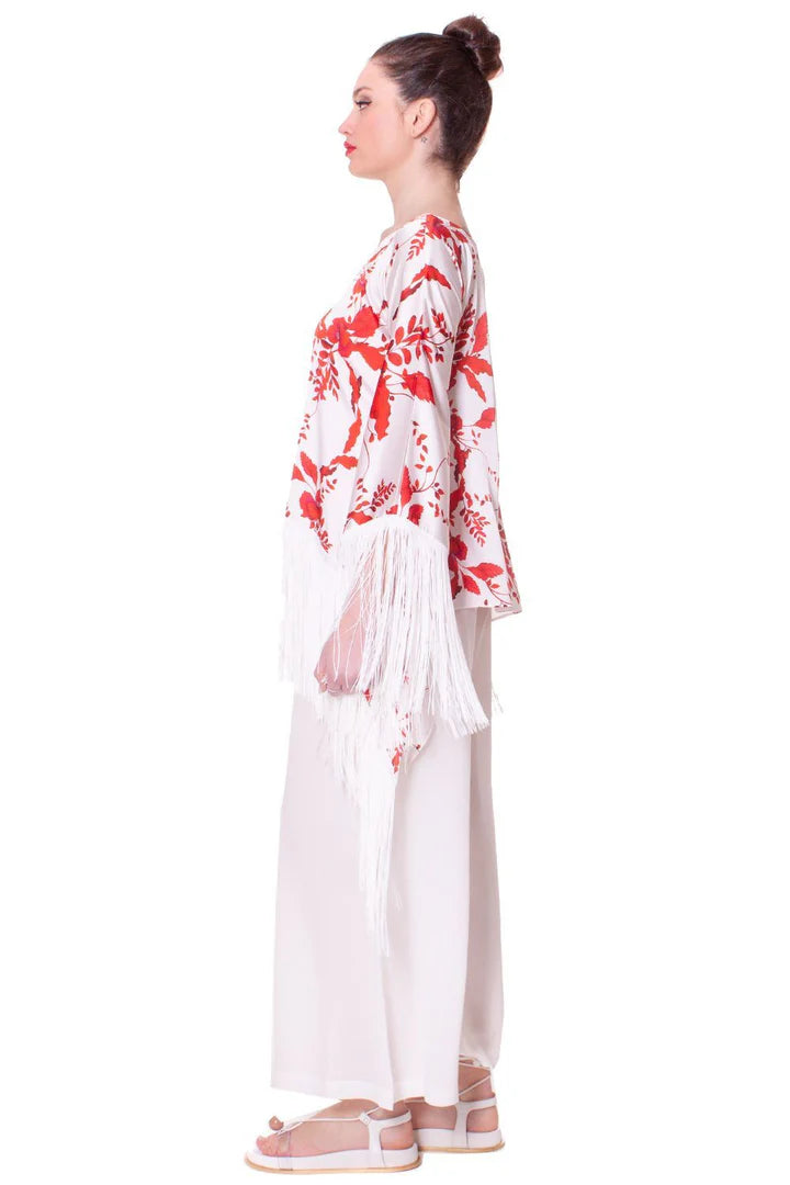 Blusa In Satin stampa peonie con frange ANTONELLA BRAVI