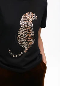 T-shirt di cotone ricamo Tigre con Paillettes LOLA CASADEMUNT