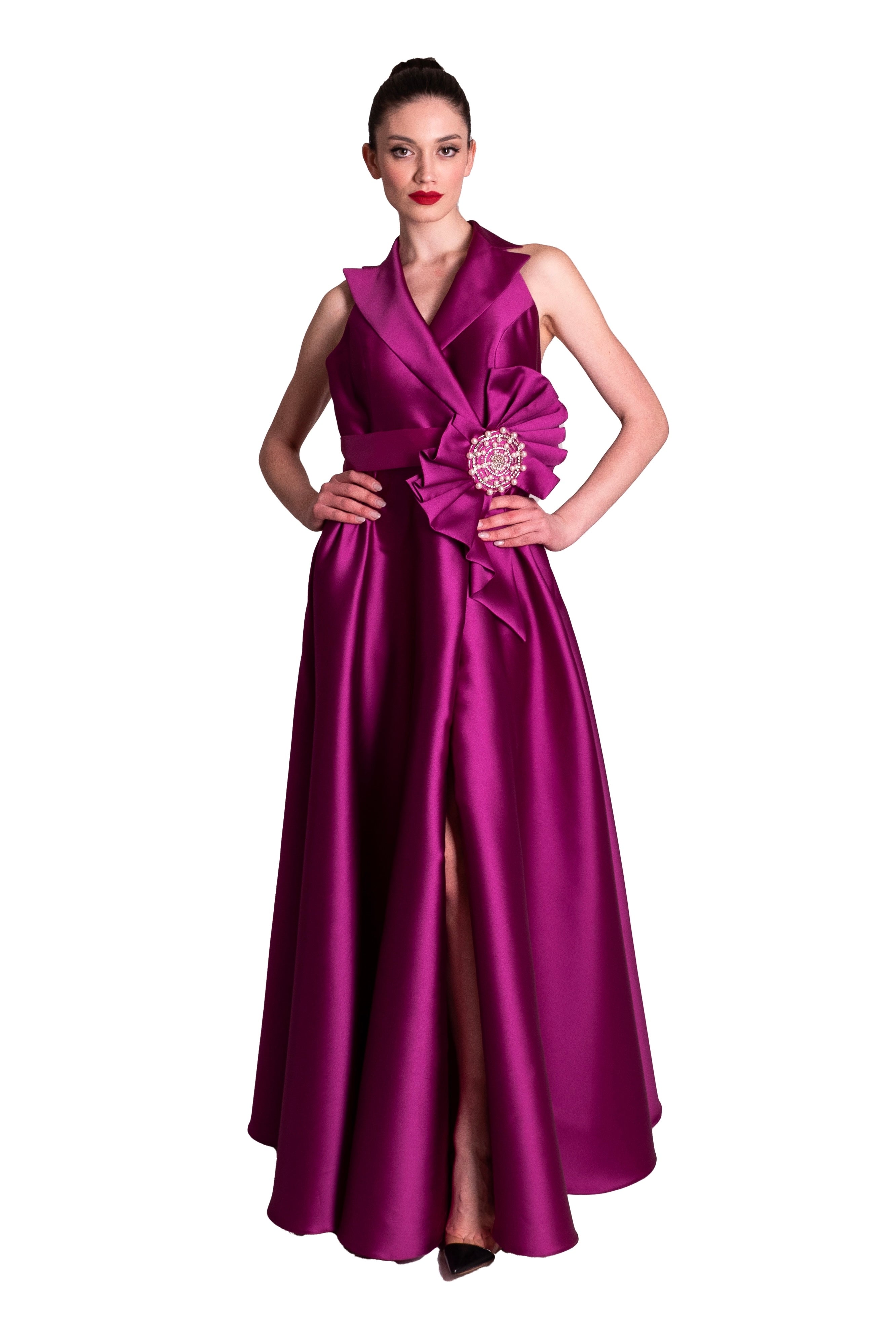 Abito lungo in mikado con scollo all'americana dettaglio gioiello GIANNI MOLARO