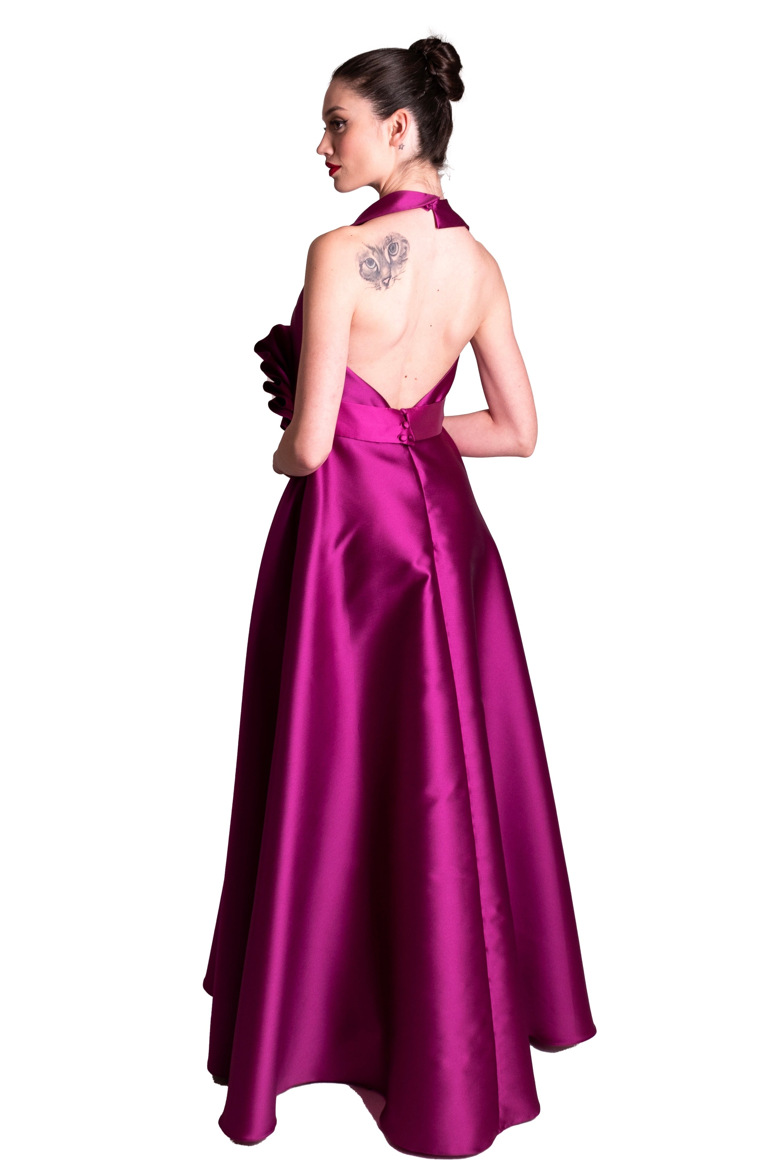 Abito lungo in mikado con scollo all'americana dettaglio gioiello GIANNI MOLARO