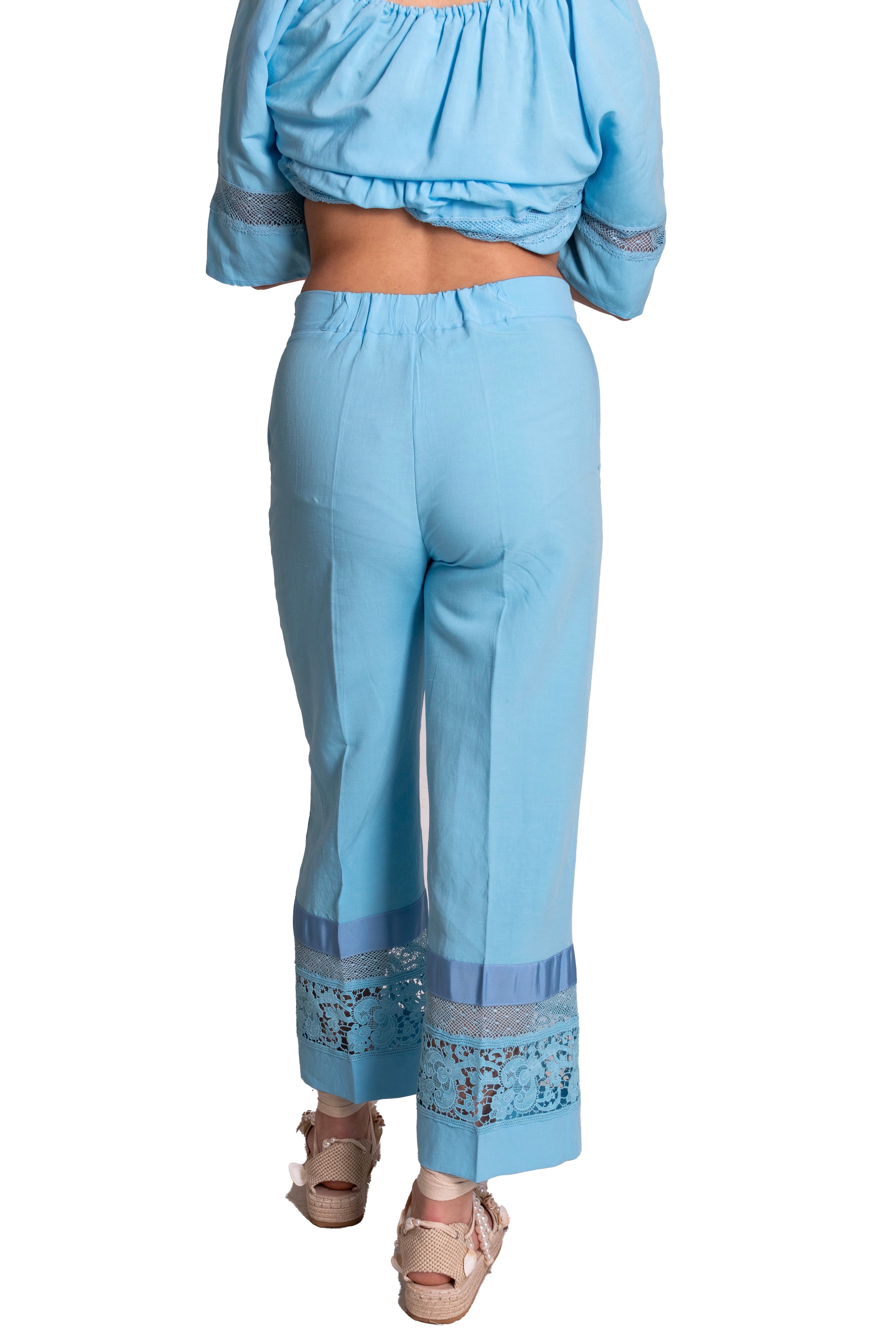 Pantaloni larghi in misto lino con bordo di pizzo MADDALENA DI LORENZO