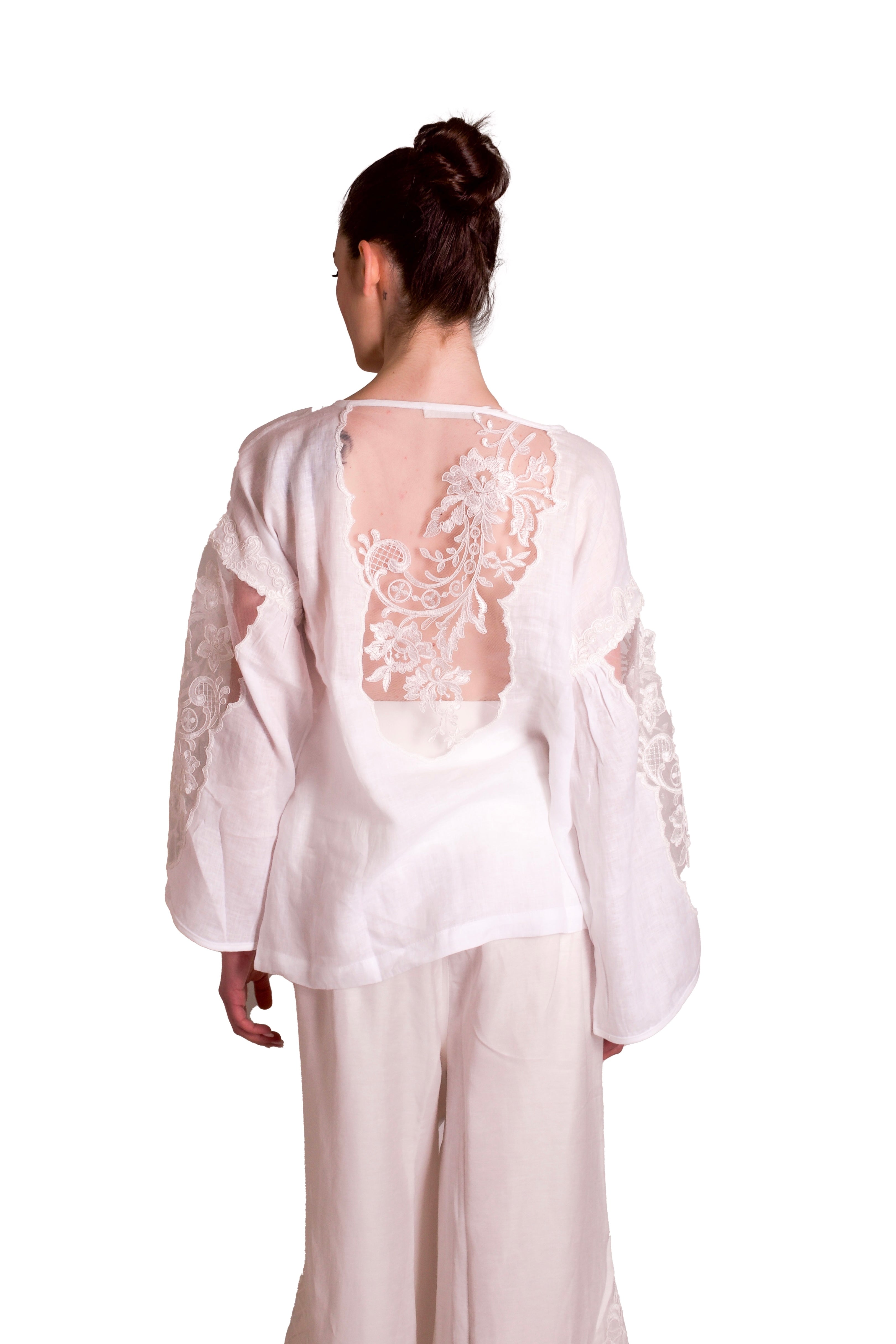 Blusa over Di Lino Con dettagli di tulle ricamato MAURIZIO
