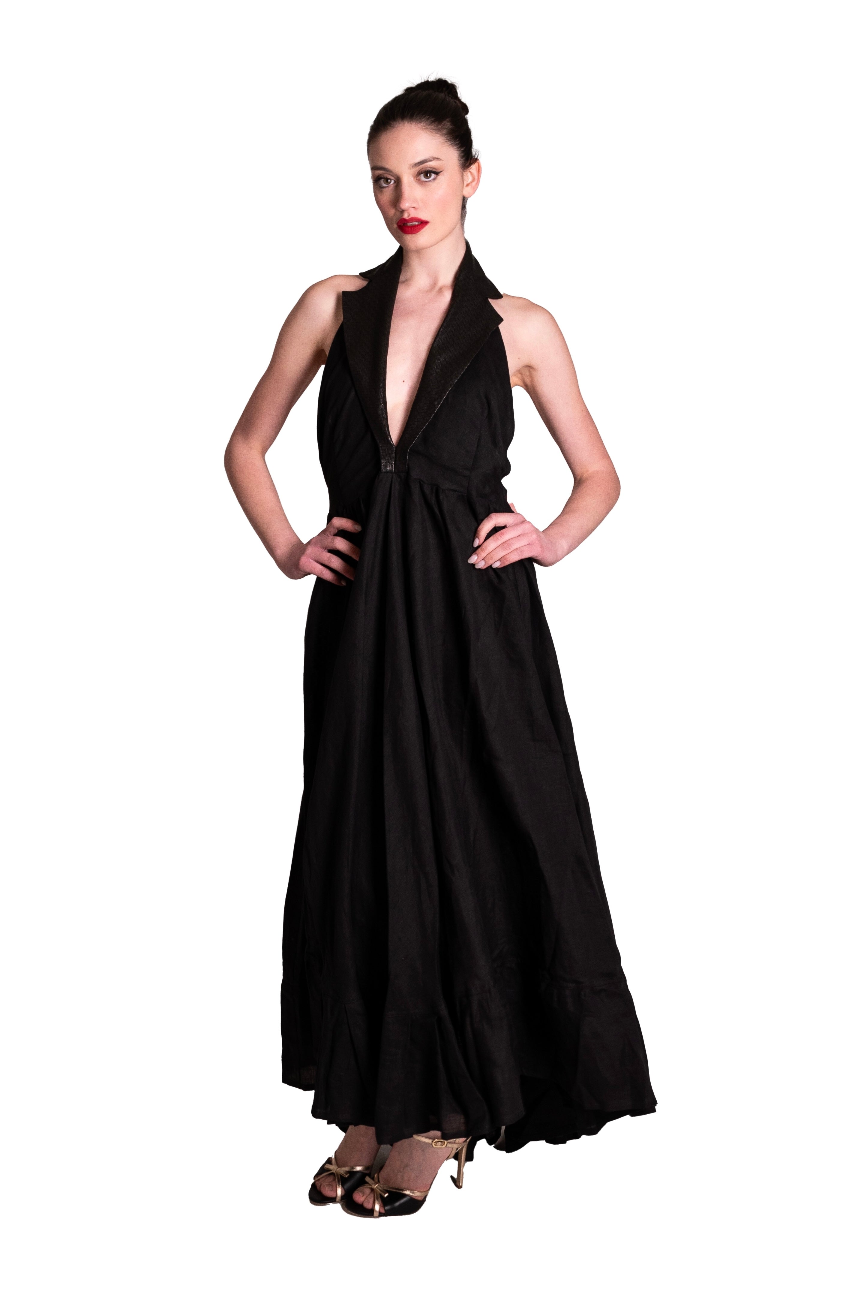 Abito Lungo di Lino con revers in pelle MAURIZIO