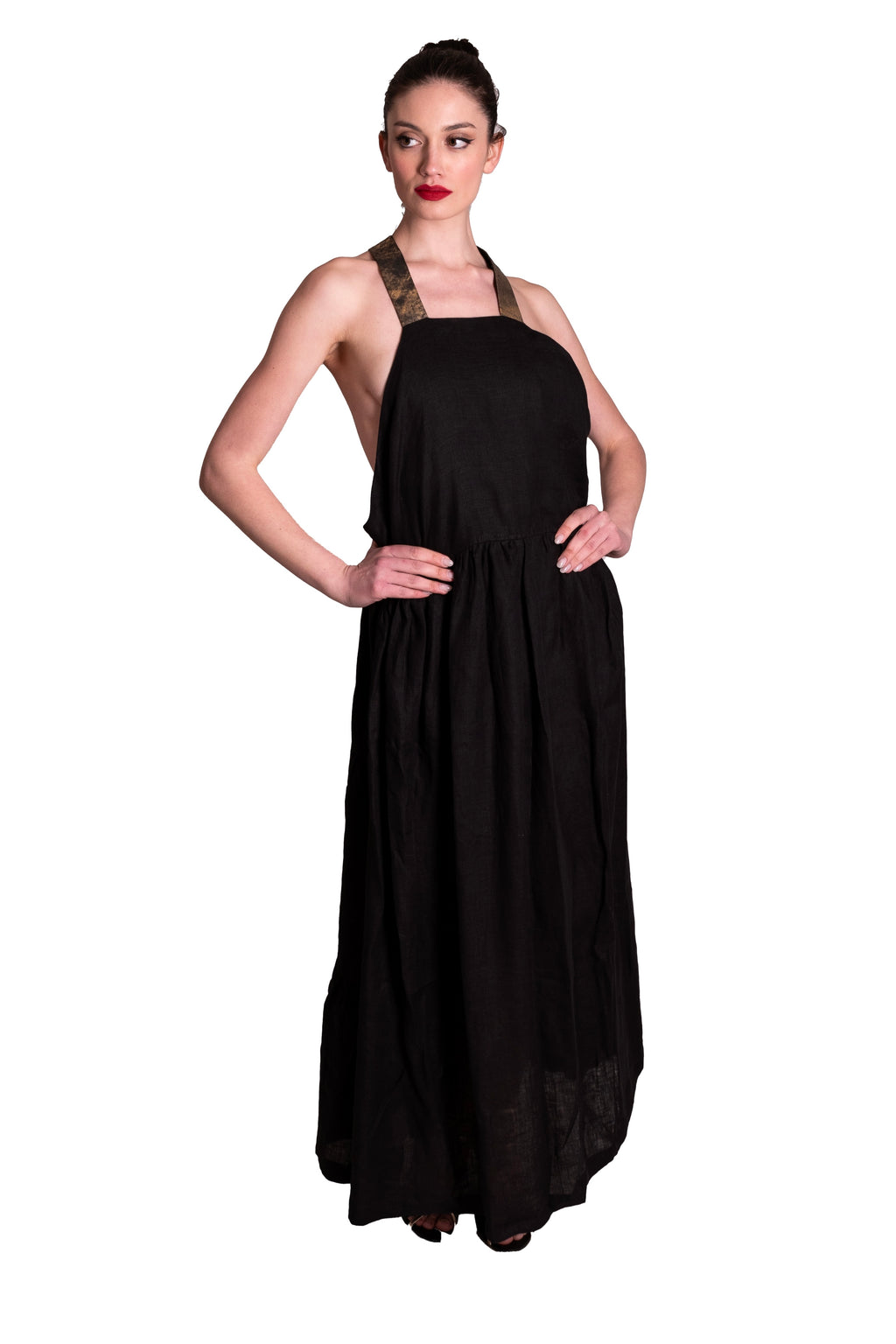 Abito lungo in lino con spalline in pelle laminata MAURIZIO