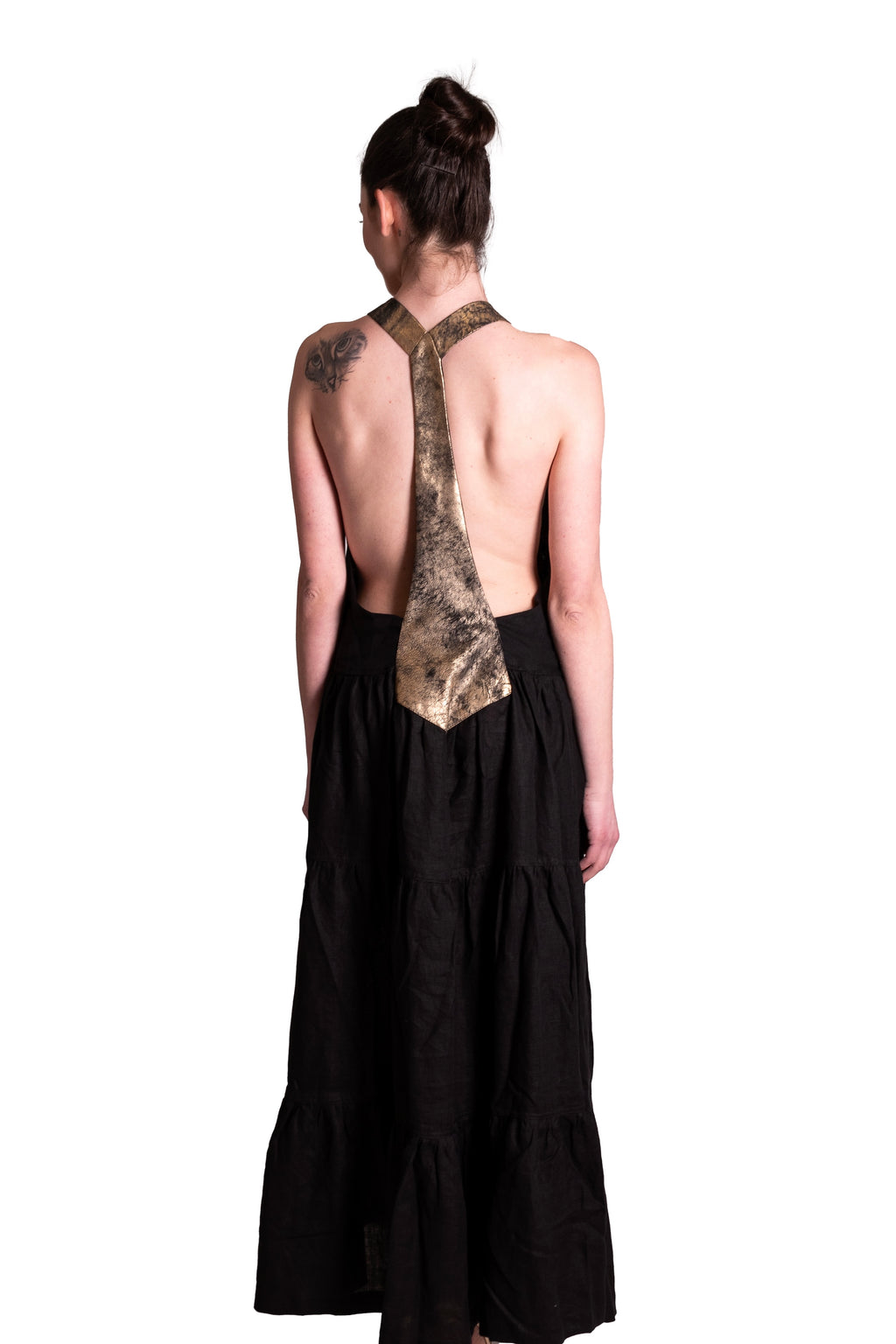 Abito lungo in lino con spalline in pelle laminata MAURIZIO