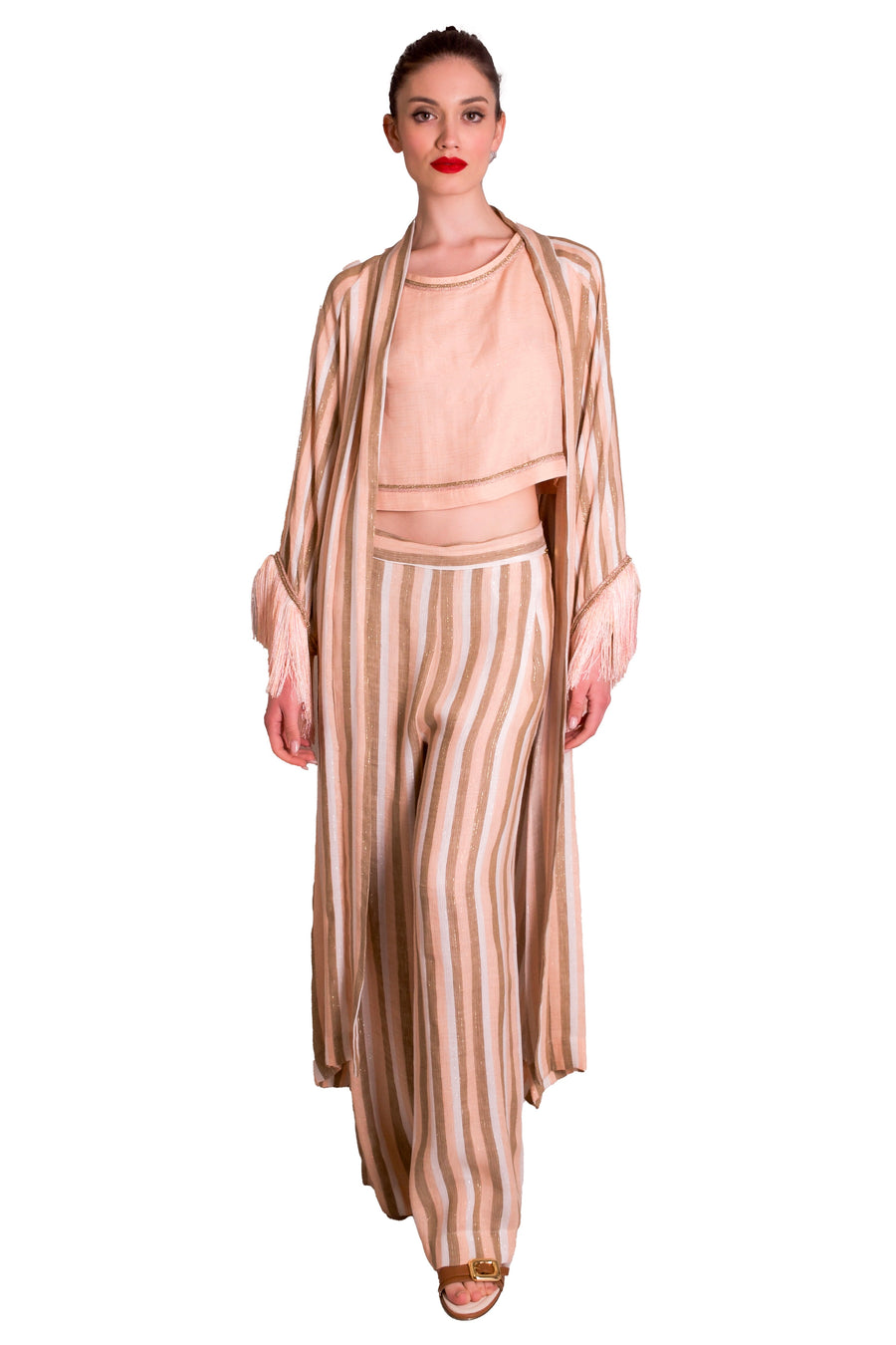 Kimono lungo a righe in misto lino PHO