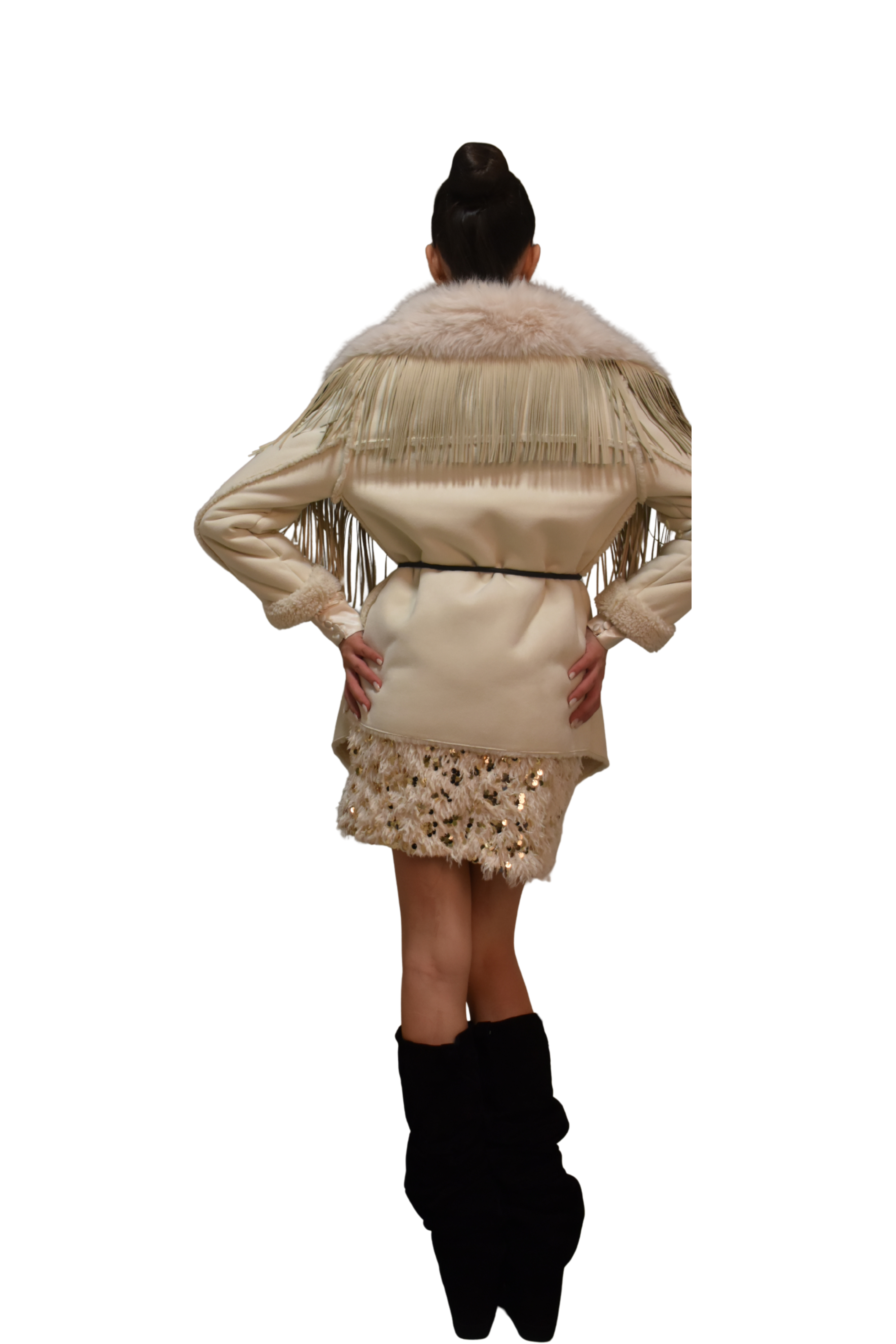 Cappotto in eco-montone con inserti frange PHO