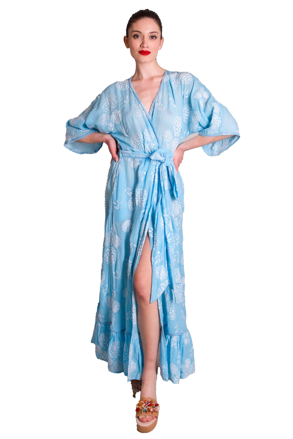 Caftano lungo incrociato in tessuto ricamato PHO