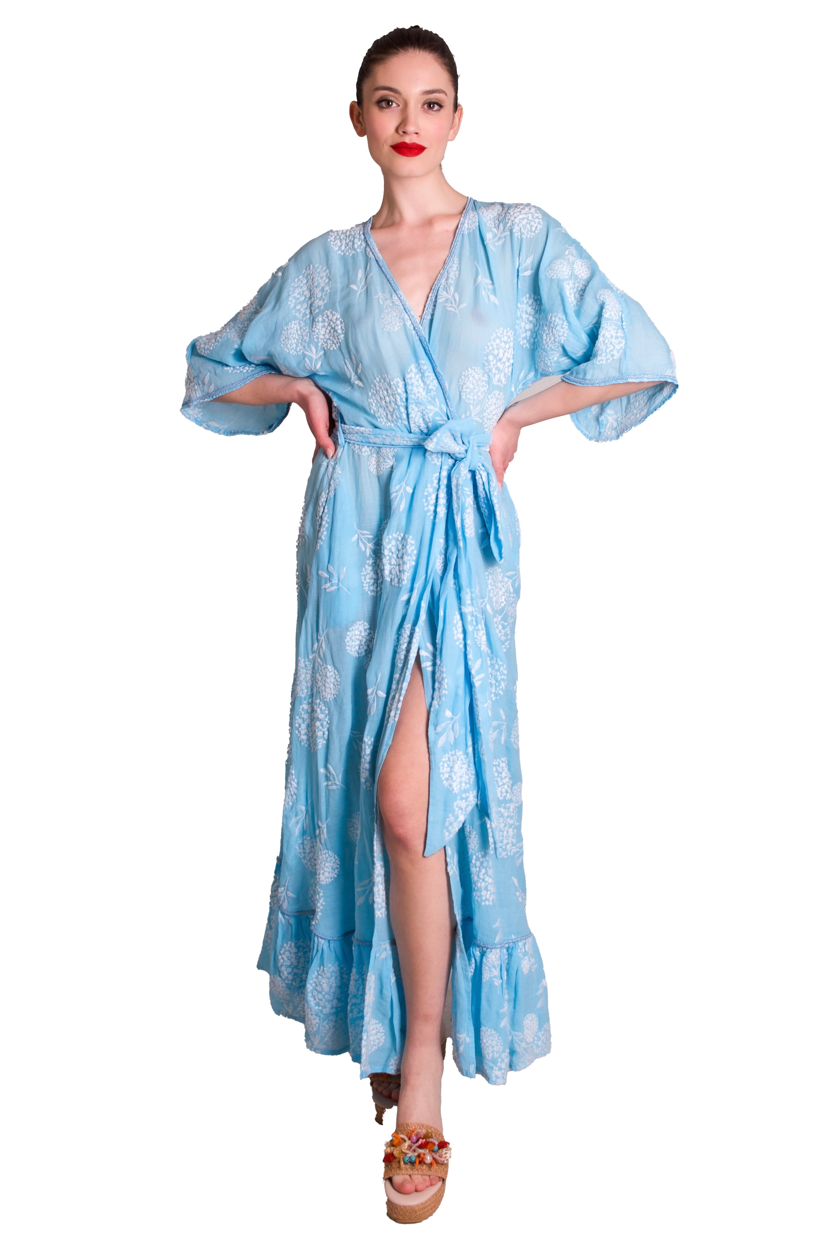 Caftano lungo incrociato in tessuto ricamato PHO