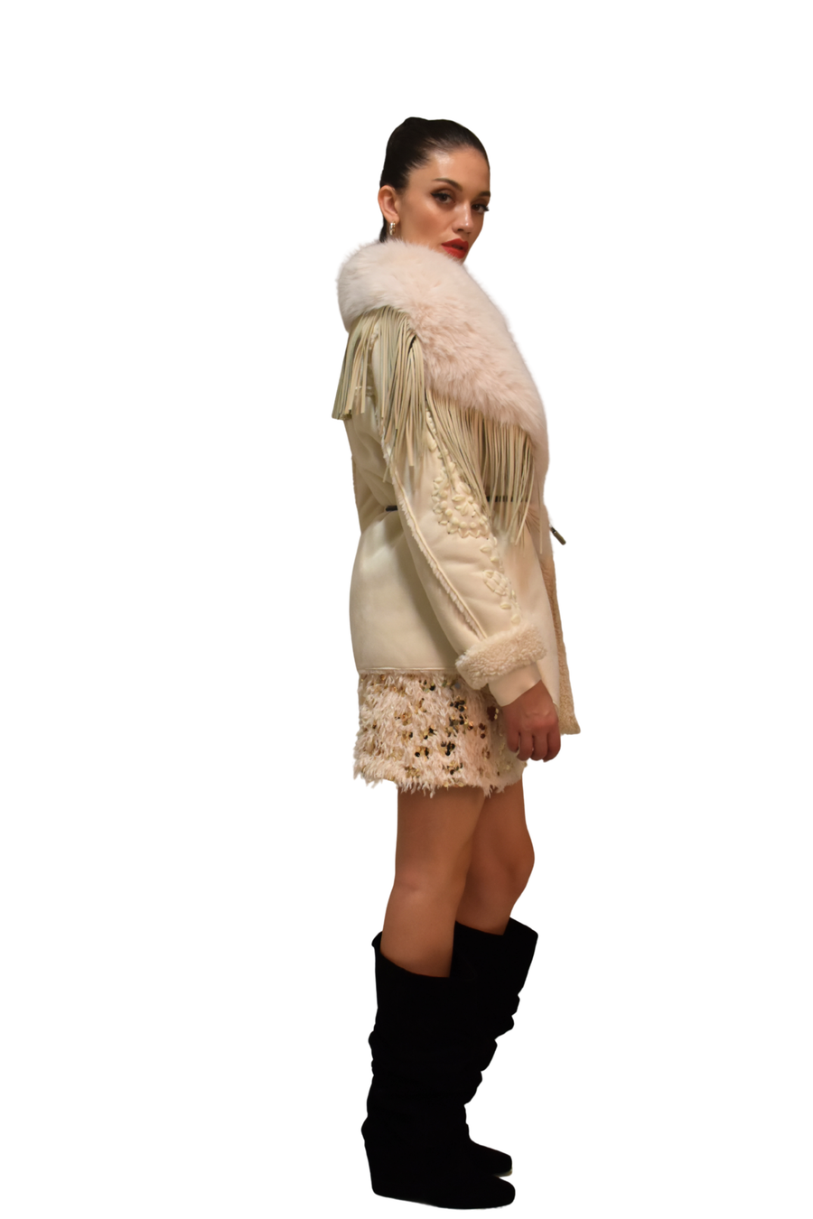 Cappotto in eco-montone con inserti frange PHO