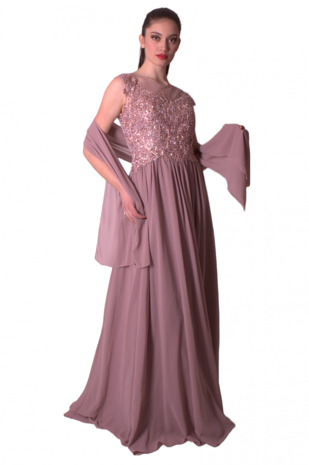 Abito lungo con corpino in tulle ricamato ENVIER'