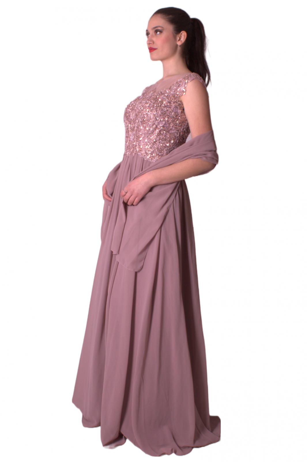 Abito lungo con corpino in tulle ricamato ENVIER'