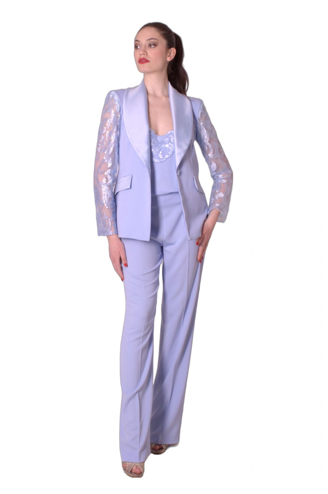 Tailleur pantalone con maniche di pizzo ricamate MARIA VITTORIA VINCI