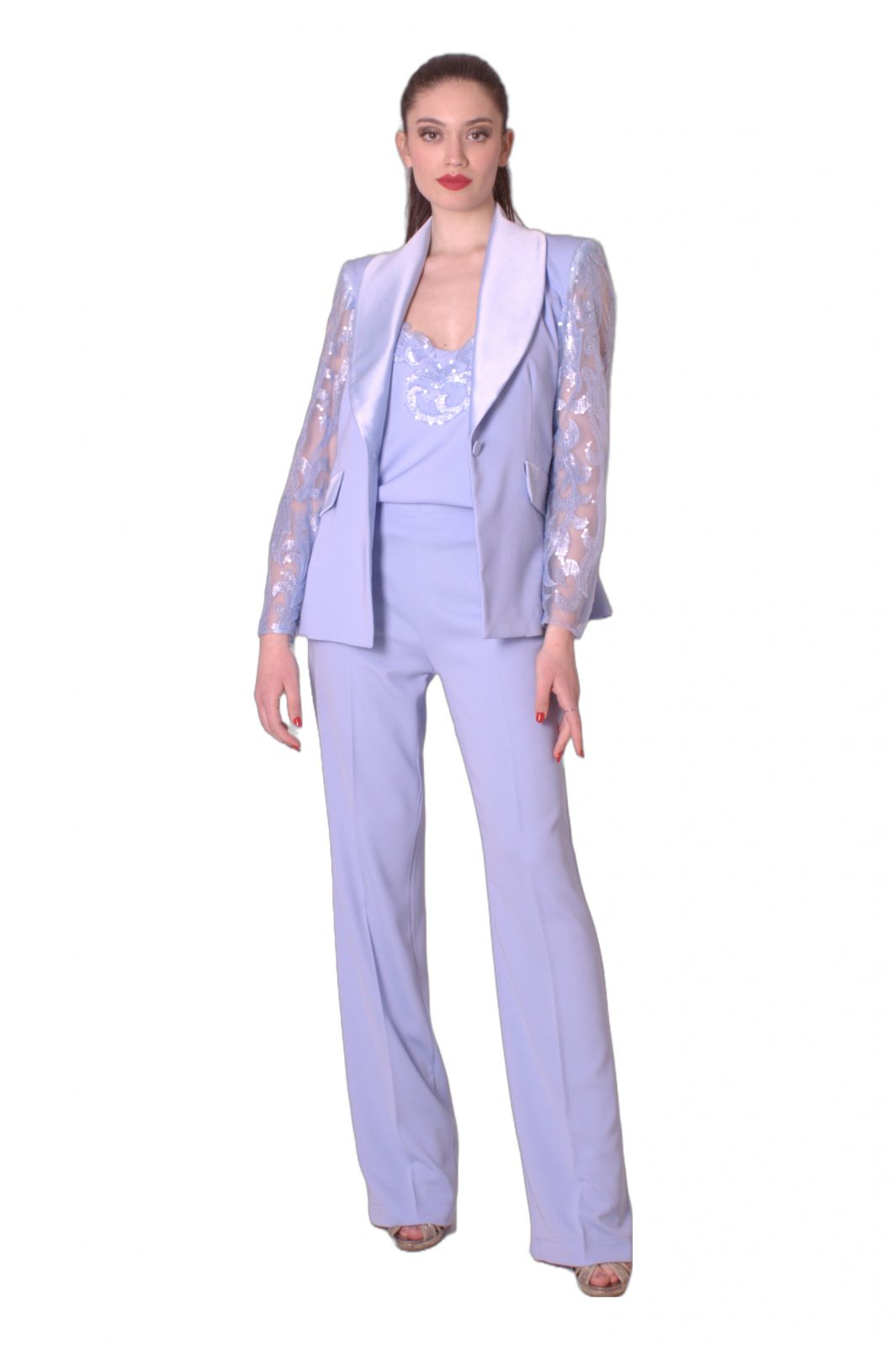 Tailleur pantalone con maniche di pizzo ricamate MARIA VITTORIA VINCI