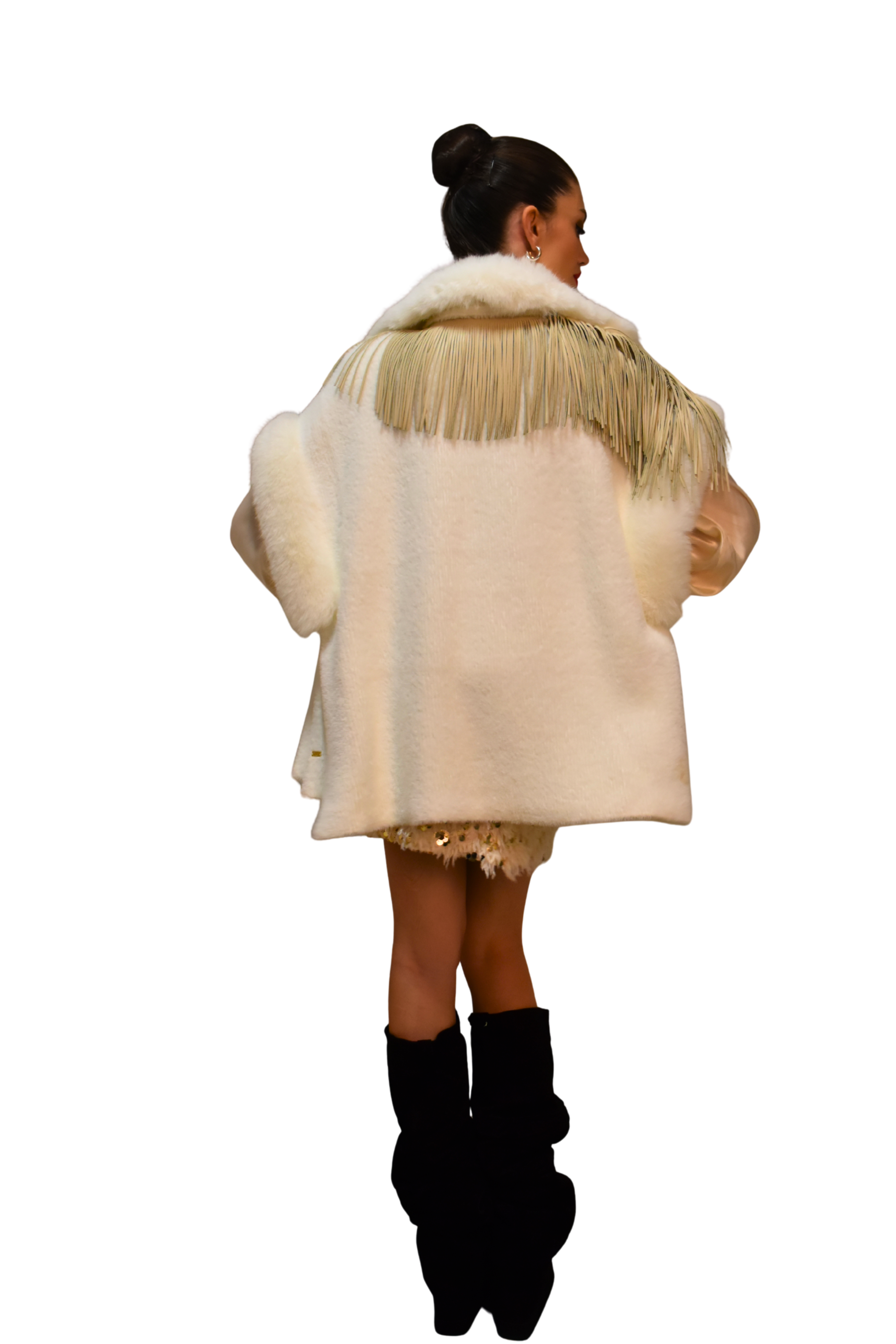 Cappa in maglia con inserti in ecofur e frange PHO