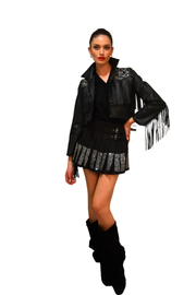 Blazer cropped in ecopelle con frange e perline ricamate ODI ET AMO