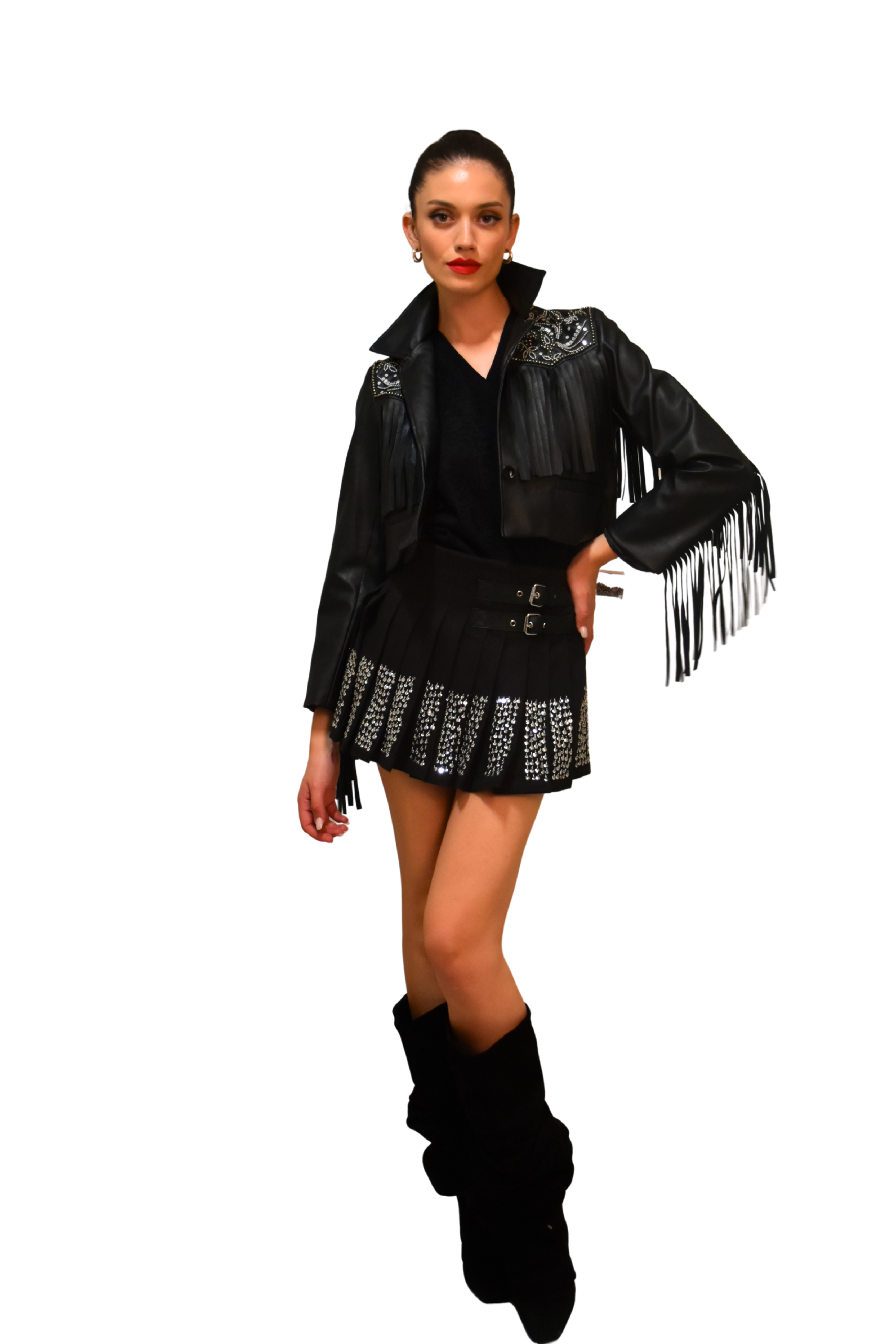 Blazer cropped in ecopelle con frange e perline ricamate ODI ET AMO