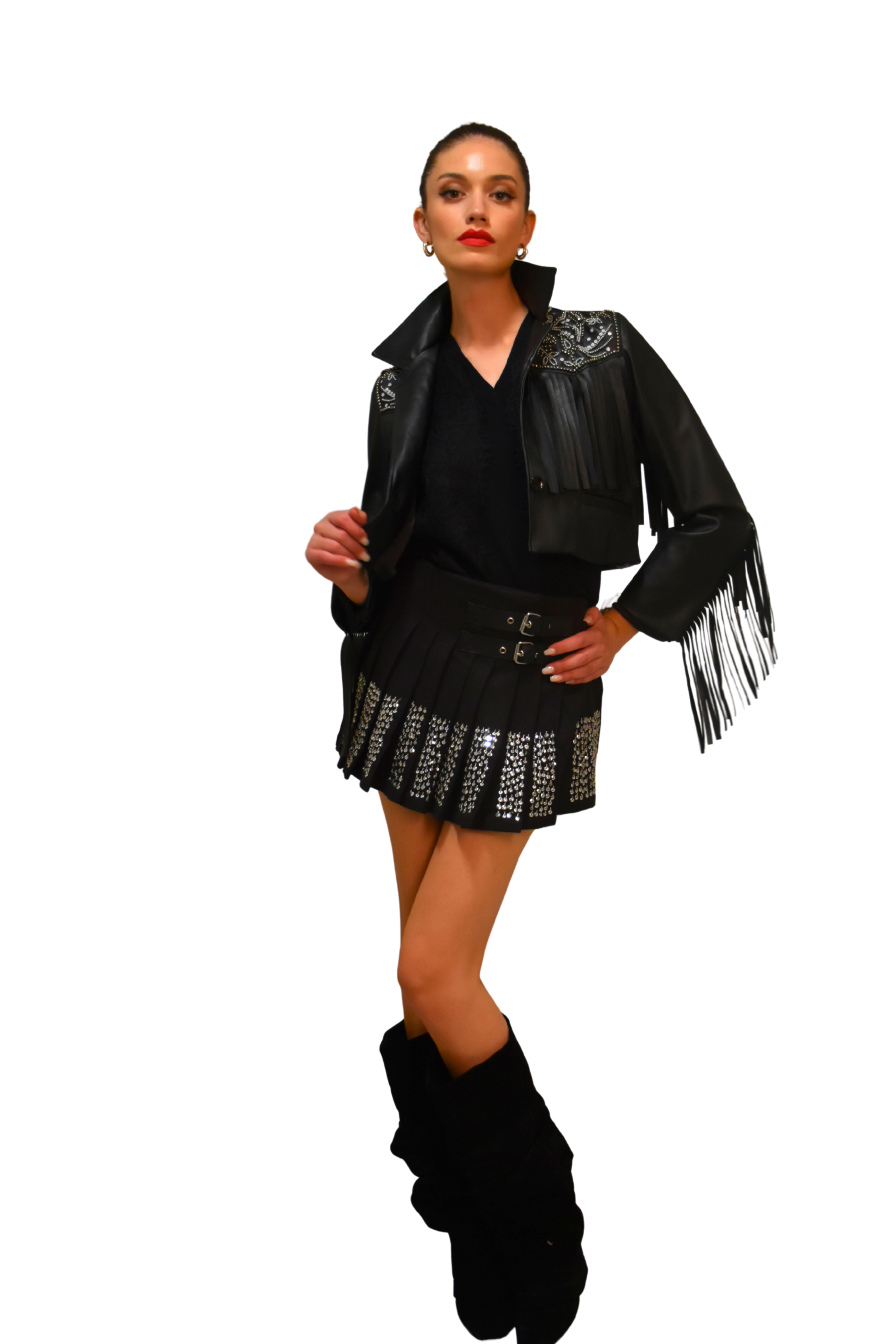 Blazer cropped in ecopelle con frange e perline ricamate ODI ET AMO