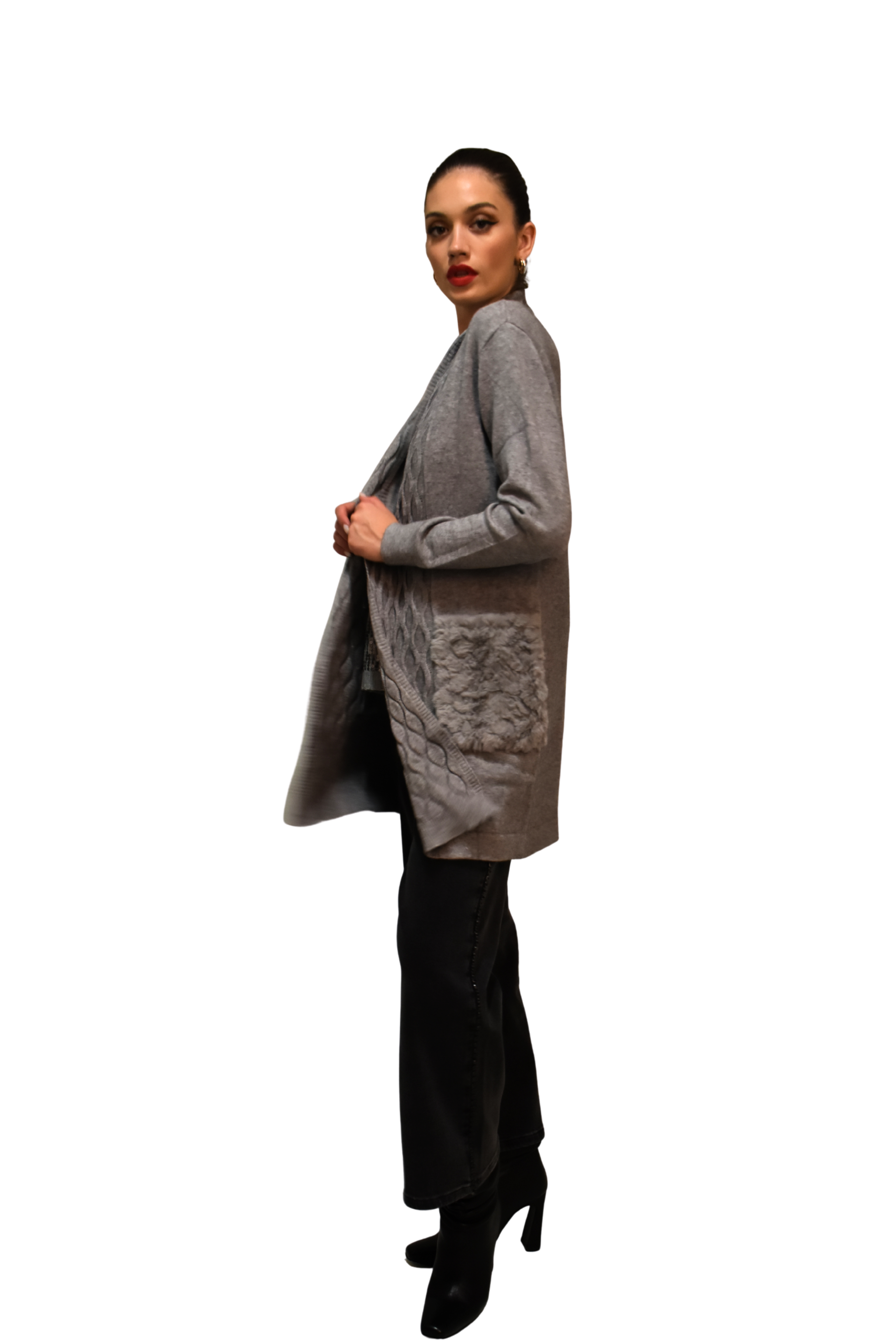 Cardigan lungo in maglia con tasche in ecofur Z.O.E.