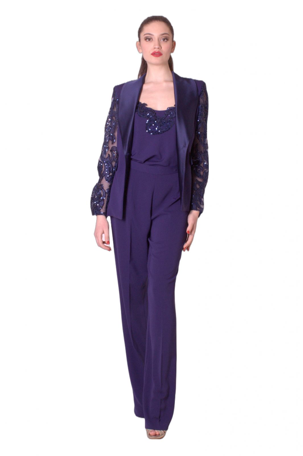 Tailleur pantalone con maniche di pizzo ricamate MARIA VITTORIA VINCI