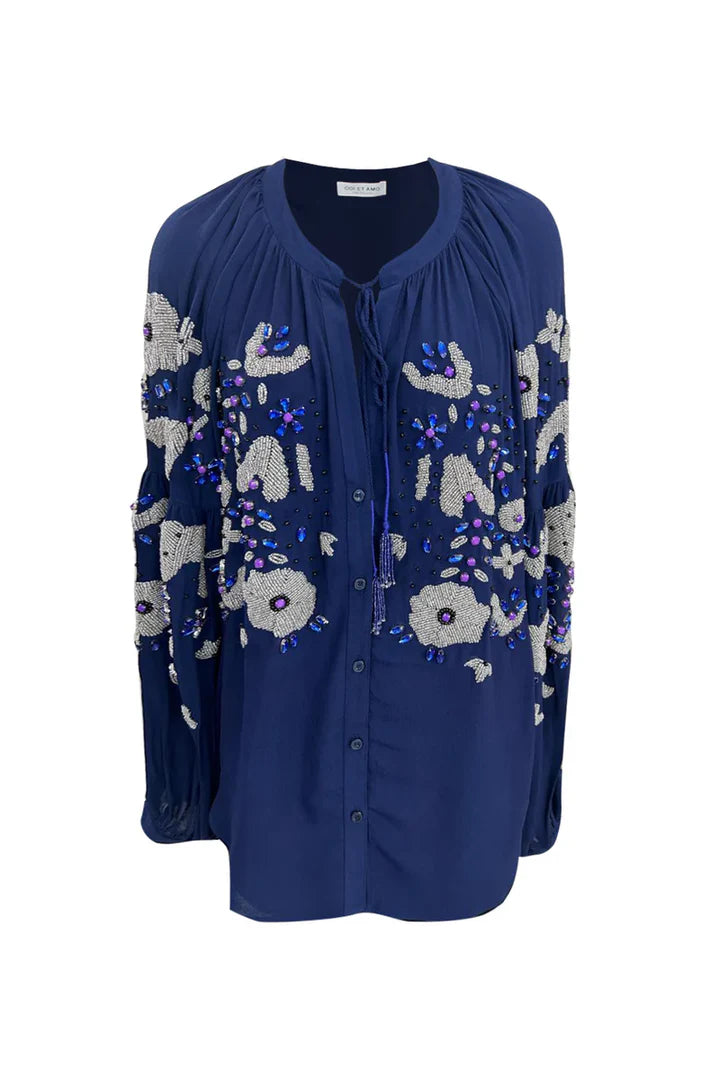 Blusa ricamata a mano con cristalli e nappine ODI ET AMO