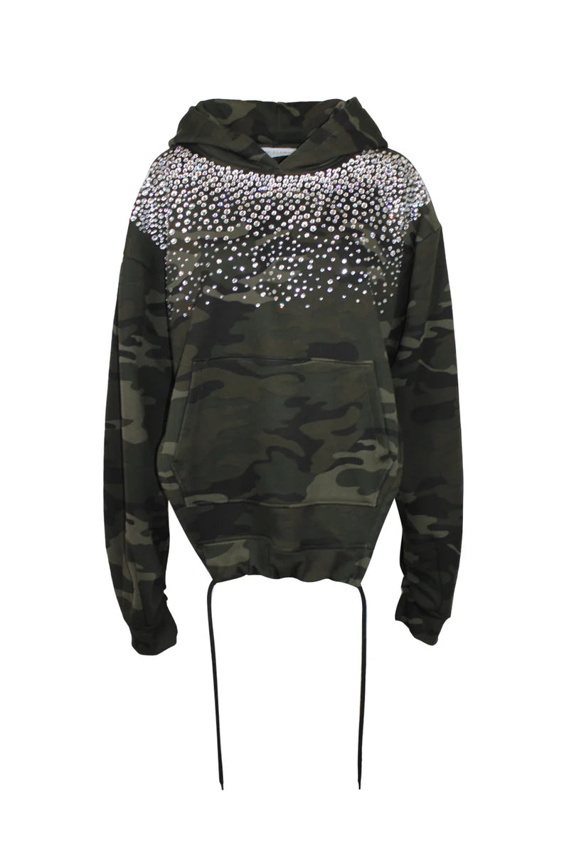 Felpa con cappuccio in stampa mimetica con cristalli ODI ET AMO