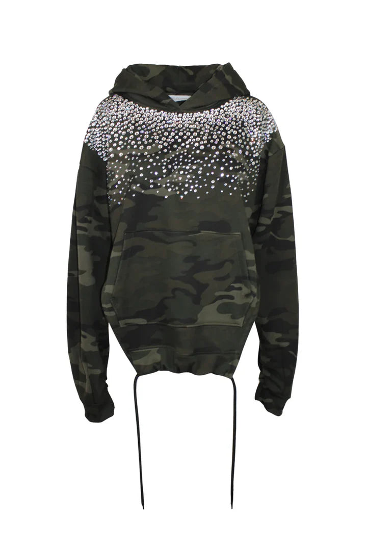 Felpa con cappuccio in stampa mimetica con cristalli ODI ET AMO