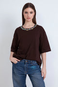 Nuova Collezione T-shirt oversize in cotone con collo gioiello ODI ET AMO