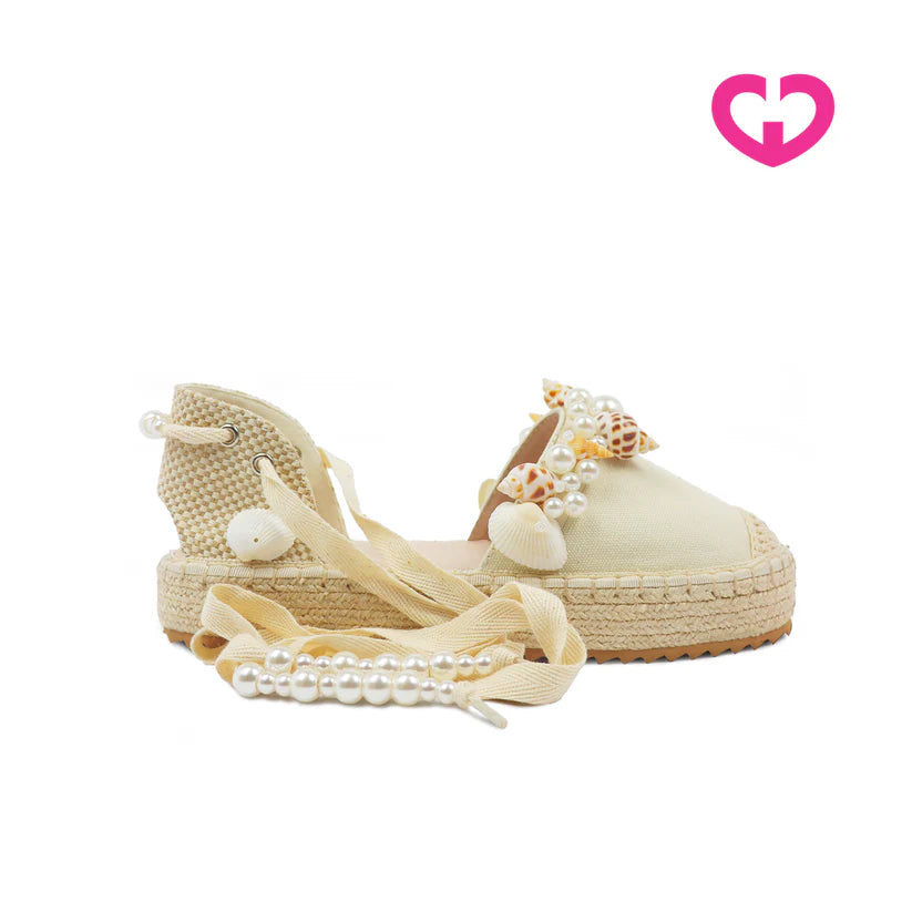 Espadrillas di tela con perle e conchiglie 30mm GOLD&ROUGE