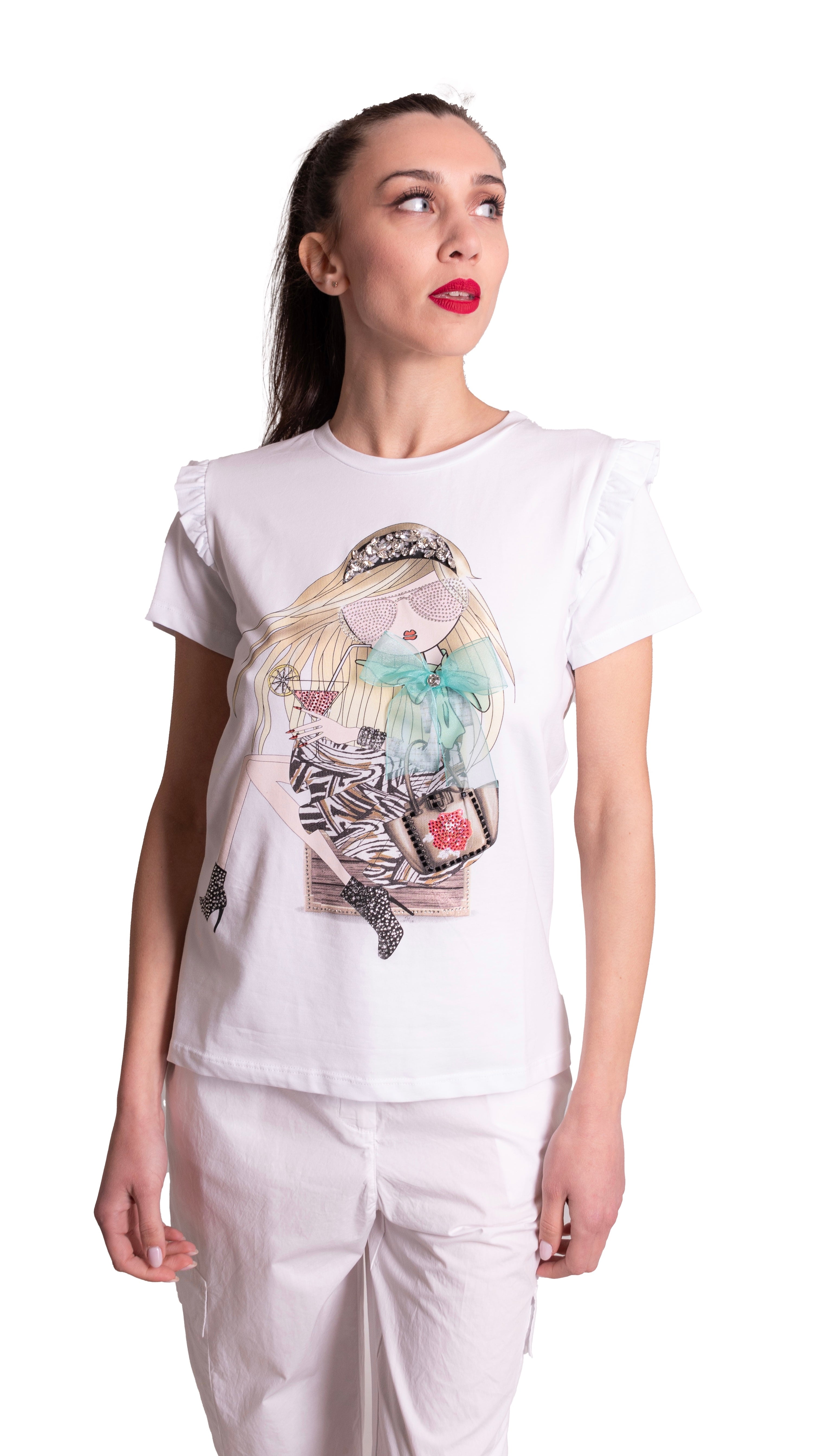 T-shirt Di Cotone stampa ragazza con fiocco LAFTY LIE