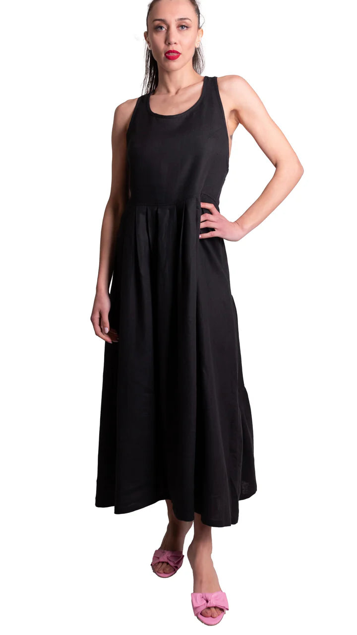 Abito Lungo Misto Lino Dettaglio in pelle MAURIZIO