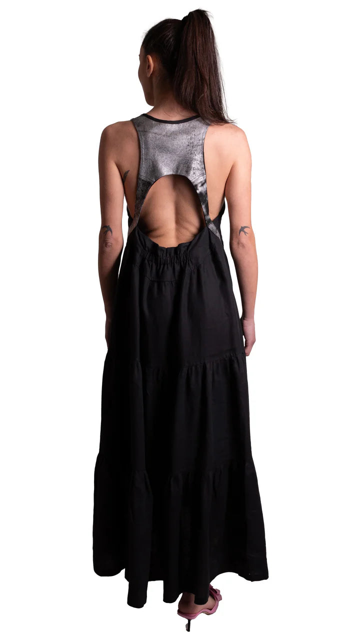 Abito Lungo Misto Lino Dettaglio in pelle MAURIZIO