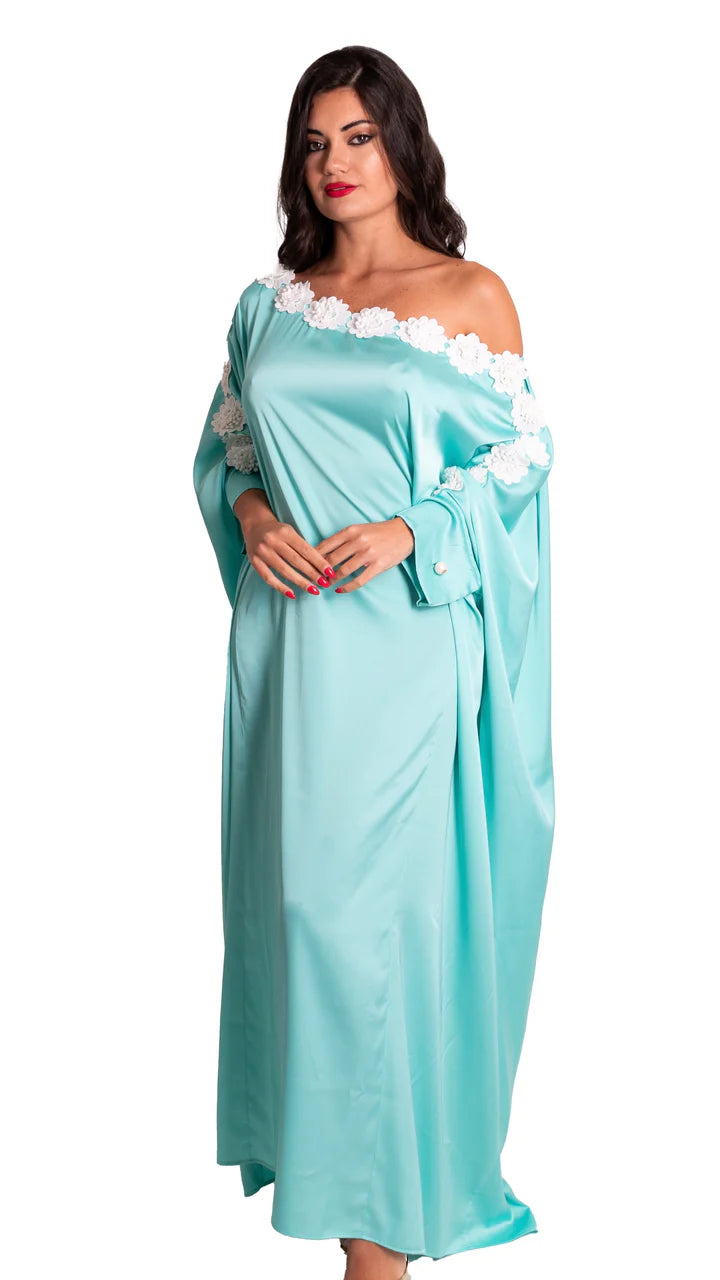 Abito caftano lungo in raso dettaglio fiori ANTONELLA BRAVI