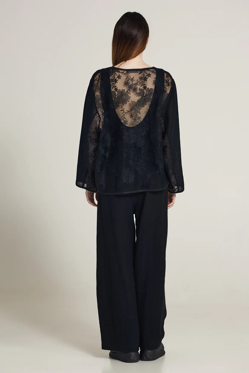 Blusa over in pizzo trasparente con inserti in chiffon MAURIZIO