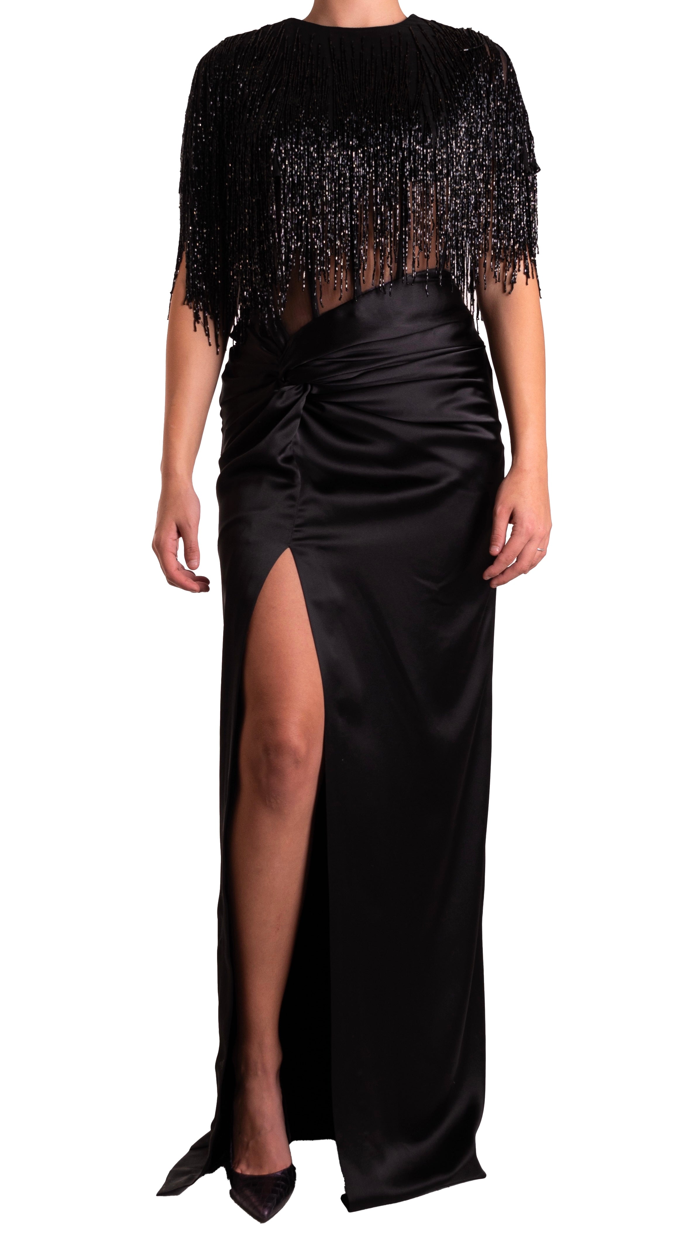 Abito lungo di raso con frange JAISOSUS