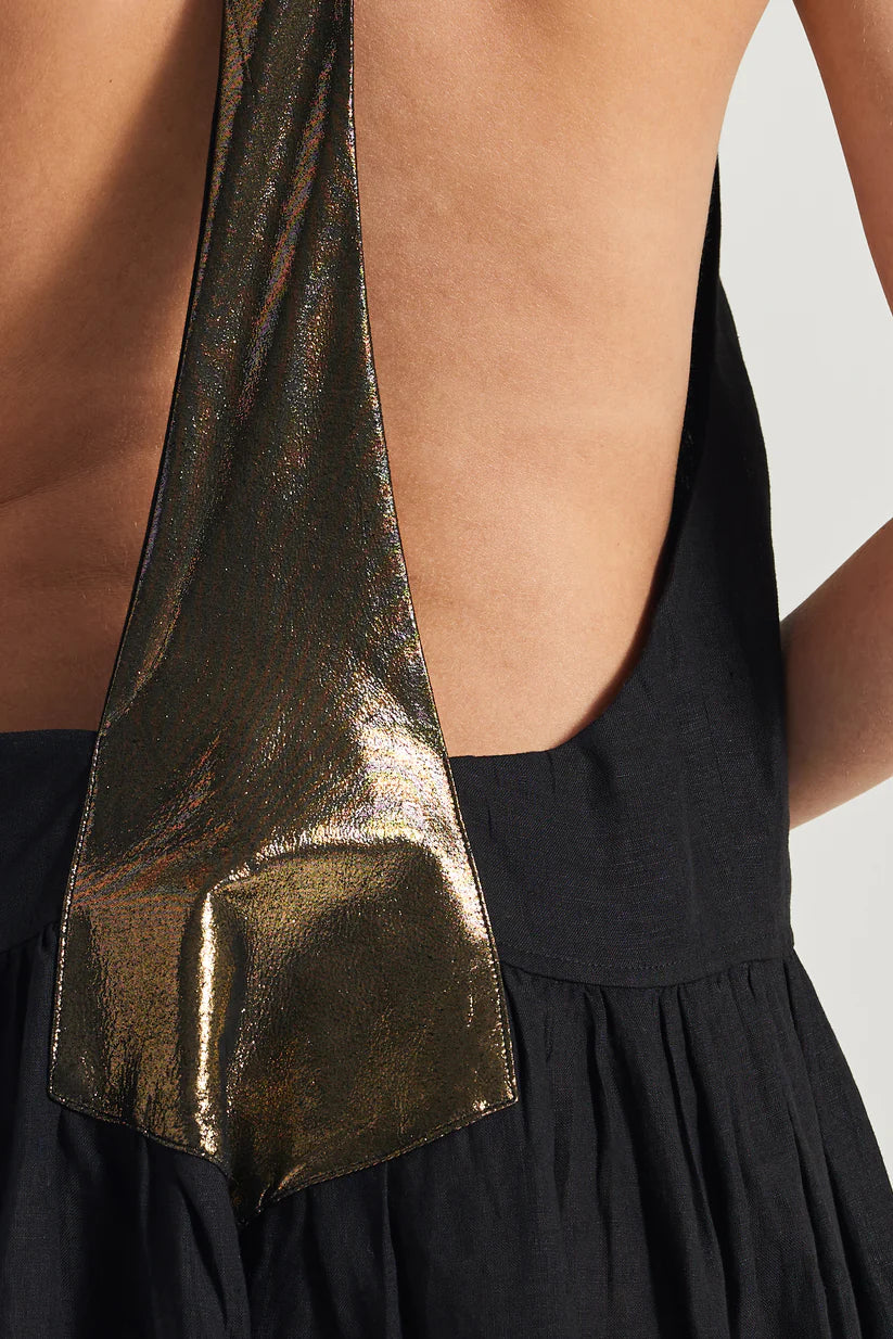 Abito lungo in lino con spalline in pelle laminata MAURIZIO